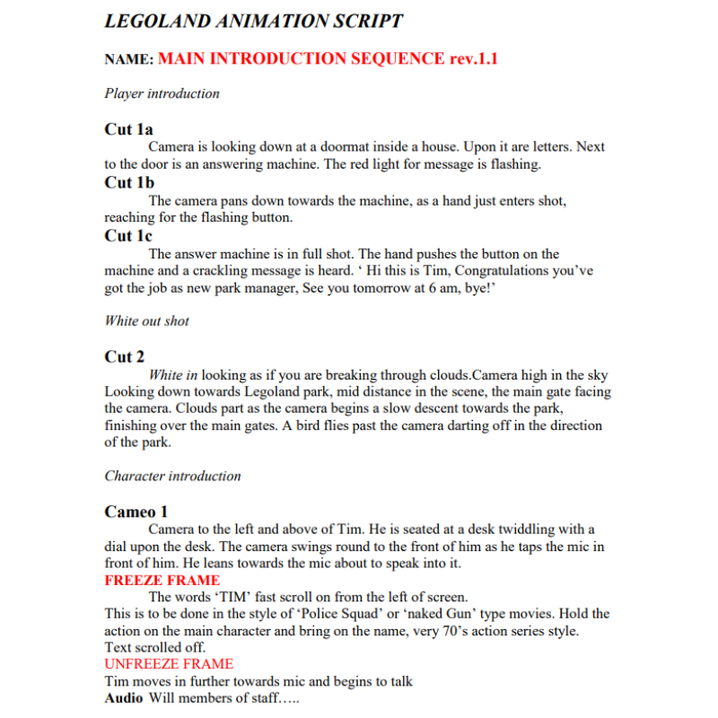 LEGOLAND Animation Script - Main Introduction Sequence Rev. 1.1